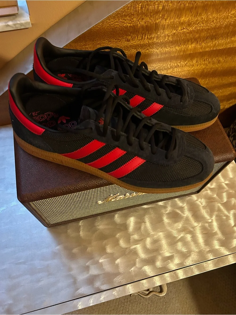 Adidas Speziale  in black with Red Stripes and Gum Sole